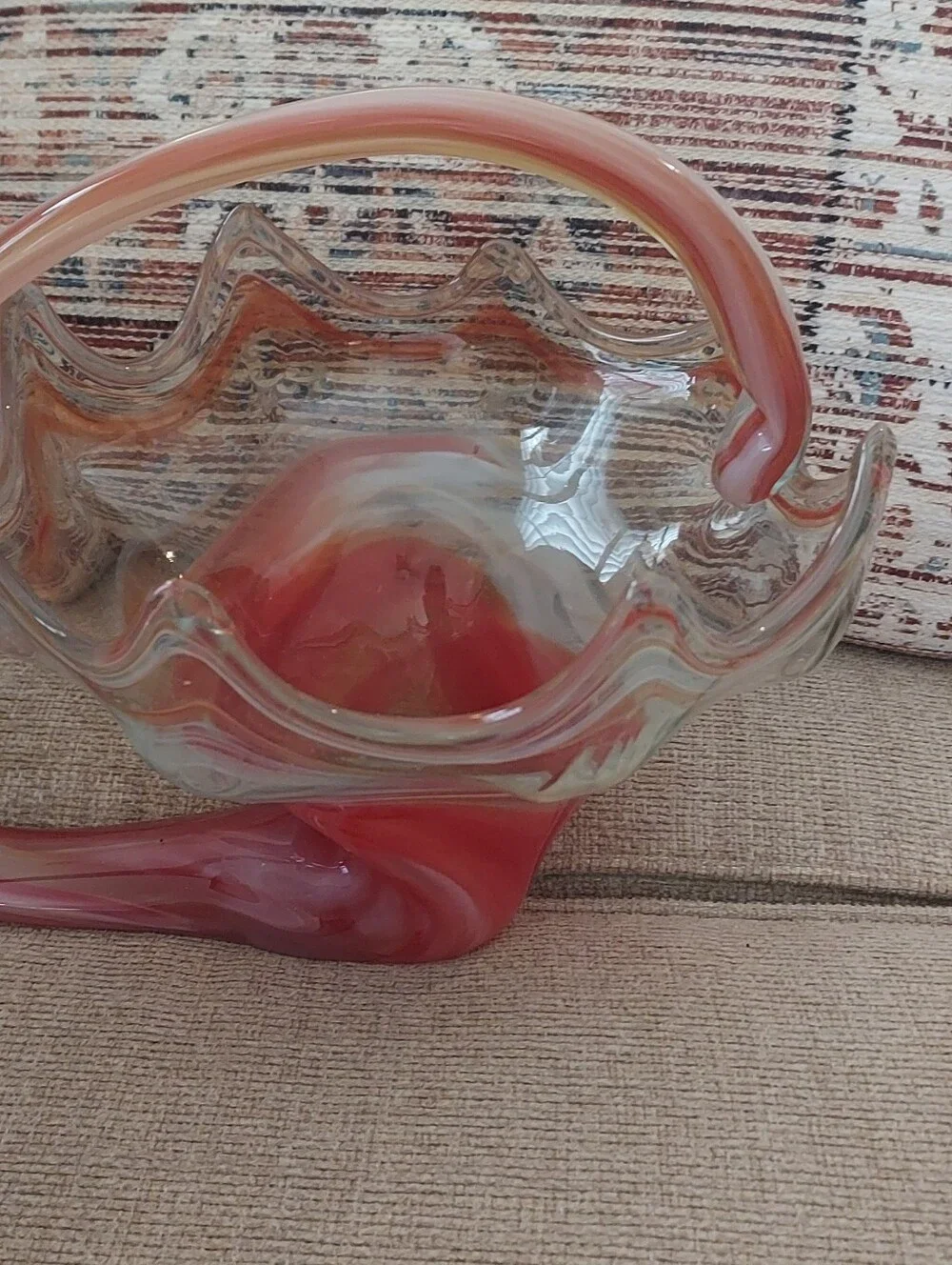 Murano Vintage Glass Basket Orange/Cream  Perfect Condition I PACK GLASS WELL!